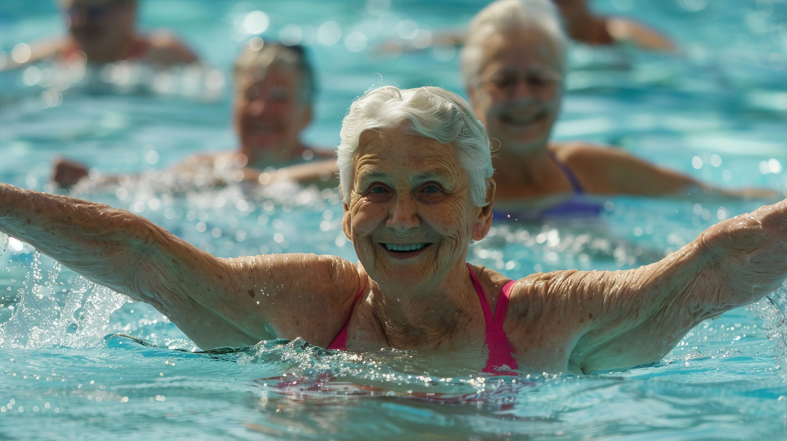 Seniors doing water aerobics at a community pool.